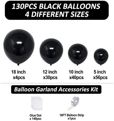 Tcwlyfc Black Balloon Garland Kit, 130ks 18in 12In 10in 5in rôznych veľkostí Black Latex balóny Arch Kit pre narodeniny výročie ples zásnubné svadby promócie black Themed Party dekorácie