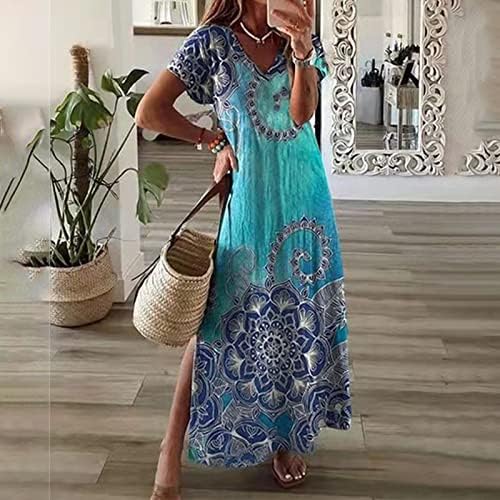 Zefotim letné šaty pre ženy 2023 krátky rukáv V krku Vintage tlač ležérne kvetinové Plážové slnečné šaty