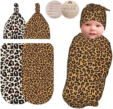 Funny Leopard Swaddle deka Hat Set pre 0-6 mesiacov chlapec dievča, mäkké zavinovačky zábal pre deti, 2 ks novorodenec