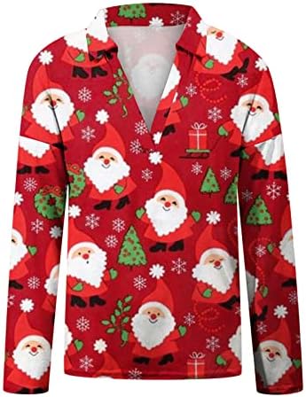 Dámske tričko módne vianočné tlačidlo v krku košele Dlhý rukáv topy Pulóver Xmas Vintage tlač tunika blúzka pre