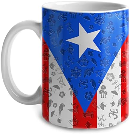 Lotacy Puerto Rico s vlajkou a symbolmi keramický hrnček, 11oz, suveníry a darčeky z Portorika, nápad na darček