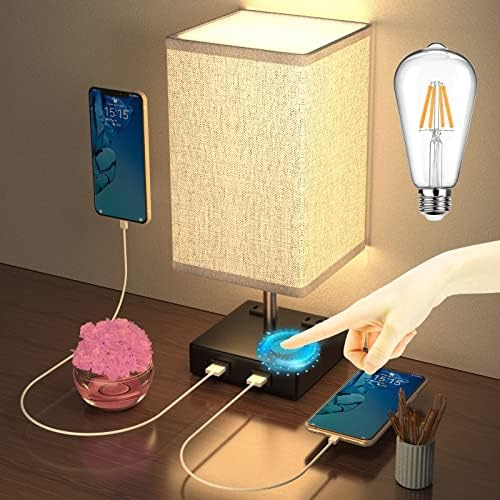 Stolná lampa, nočné lampy do spálne s 2 USB portom + 2 AC zásuvkami, sivé Látkové ľanové tienidlo, nočné svetlo